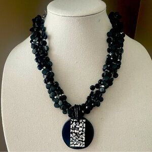CHICO'S Multi-Strand, Beaded Bib, Black & White Necklace w/ Mosaic Pendant